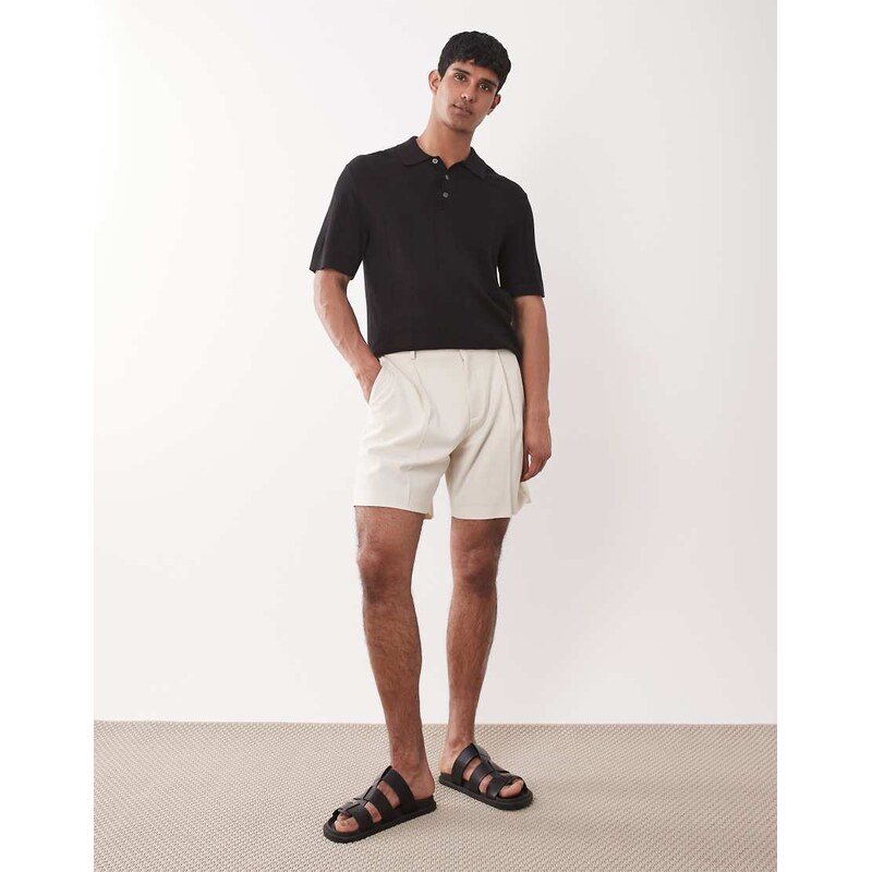 ASOS DESIGN tailored pleated wide short in ecru melange-White