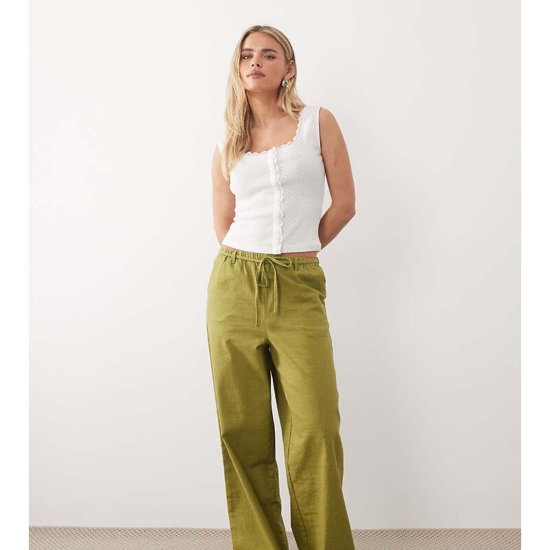ASOS Petite ASOS DESIGN Petite linen look pull on trousers in olive 115518750