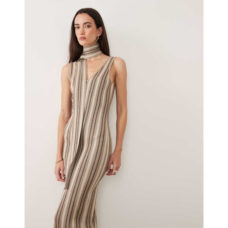 Pretty Lavish Tierra sparkle stripe knit maxi dress with scarf in 114969240