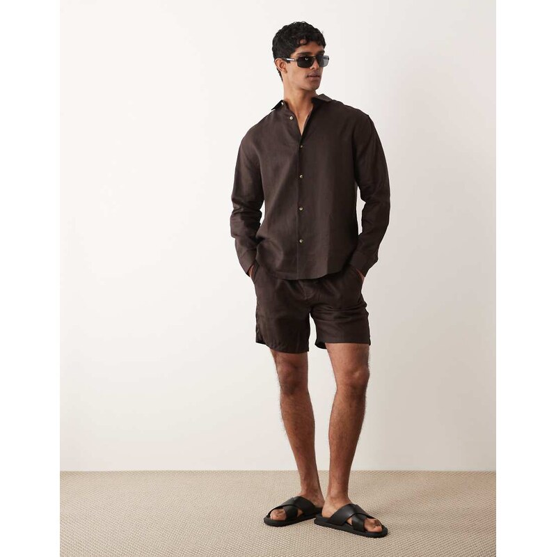 ASOS DESIGN co-ord slim 100% linen shorts in mid length in brown