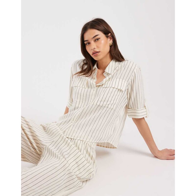 AWARE linen blend sleeve detail safari shirt co-ord in white and