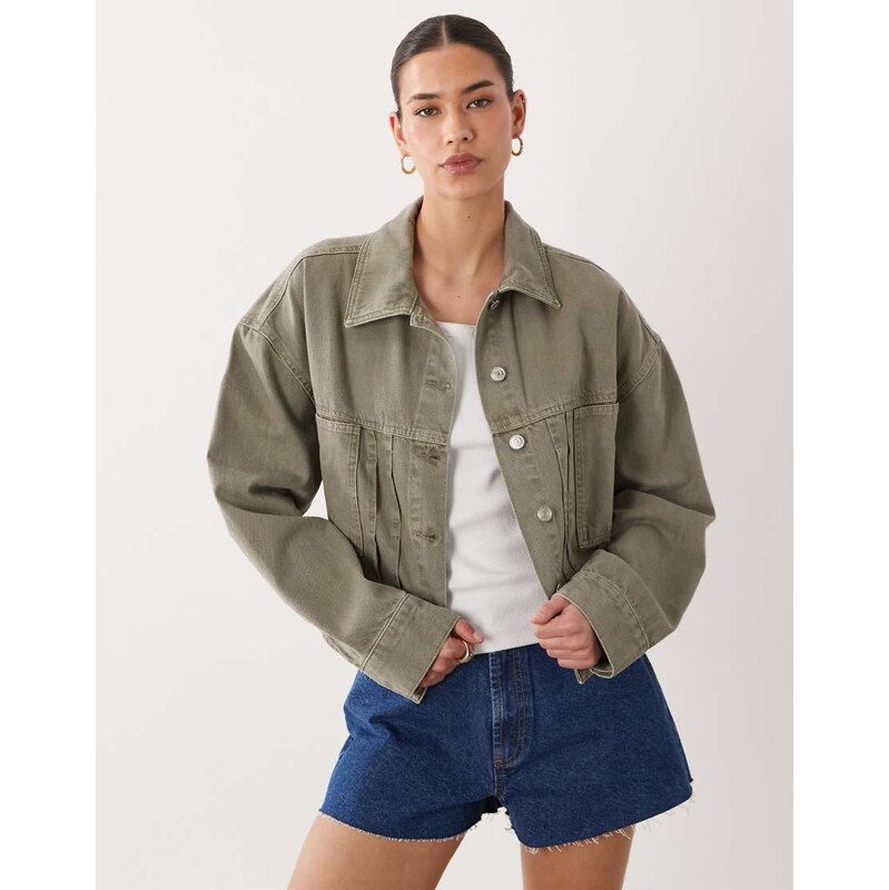 ASOS DESIGN denim jacket with tie back detail in khaki-Green 115011737
