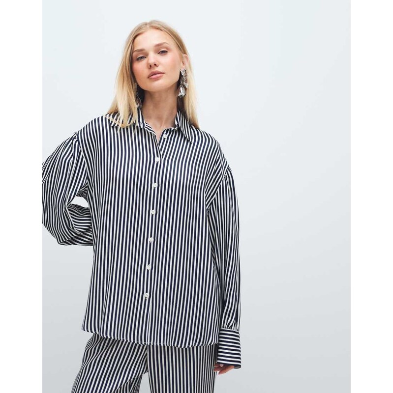 ASOS DESIGN satin longline shirt in pinstripe co ord-Multi
