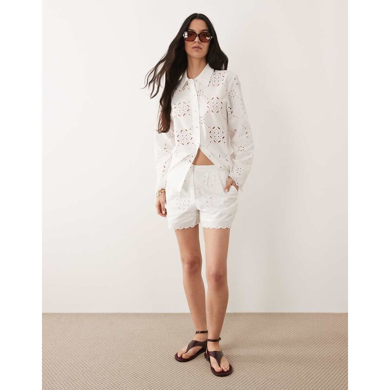 River Island cutwork poplin short co-ord in white 114962315