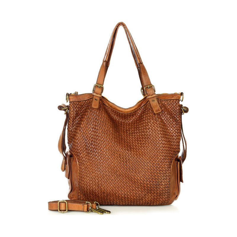 MARCO MAZZINI hnědá kožená shopper kabelka s pleteným vzorem 85873448
