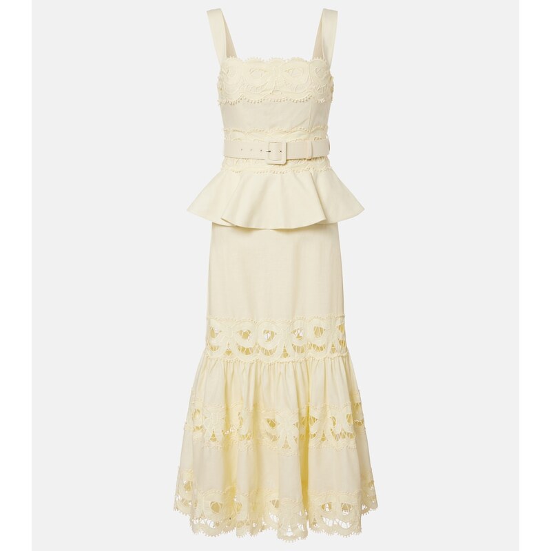 Self-Portrait Belted crochet-trimmed linen and cotton midi dress