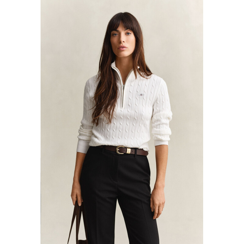 SVETR GANT STRETCH COTTON CABLE HALF-ZIP EGGSHELL