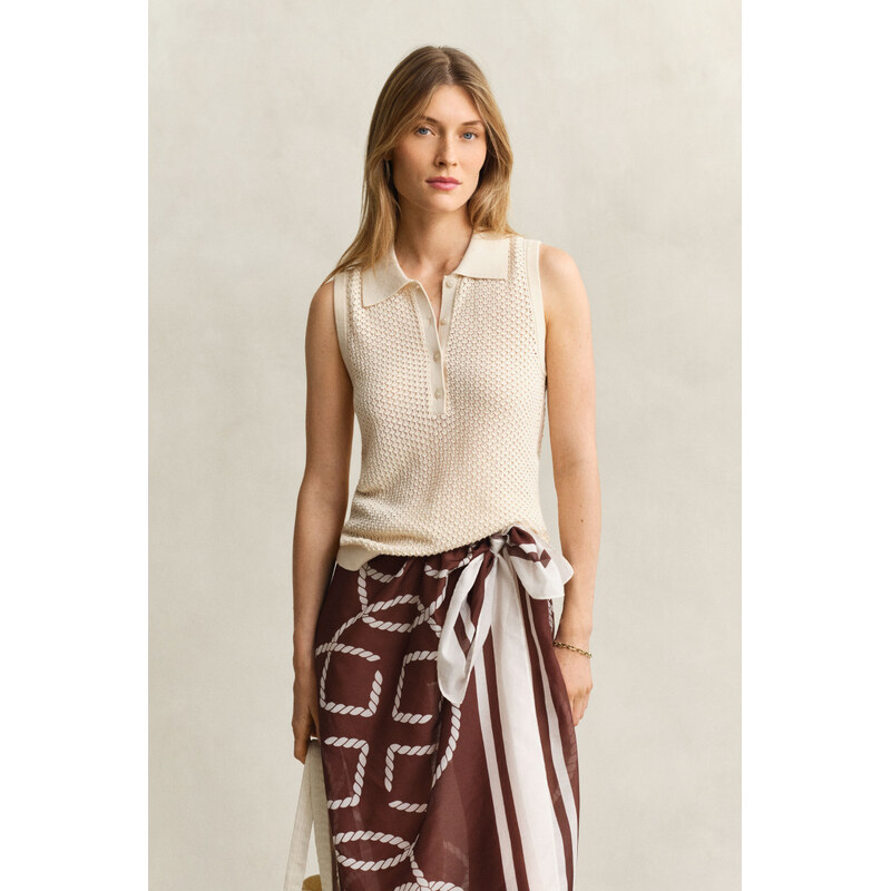 SVETR GANT LACE KNIT SLEEVELESS RUGGER CREAMED WHITE