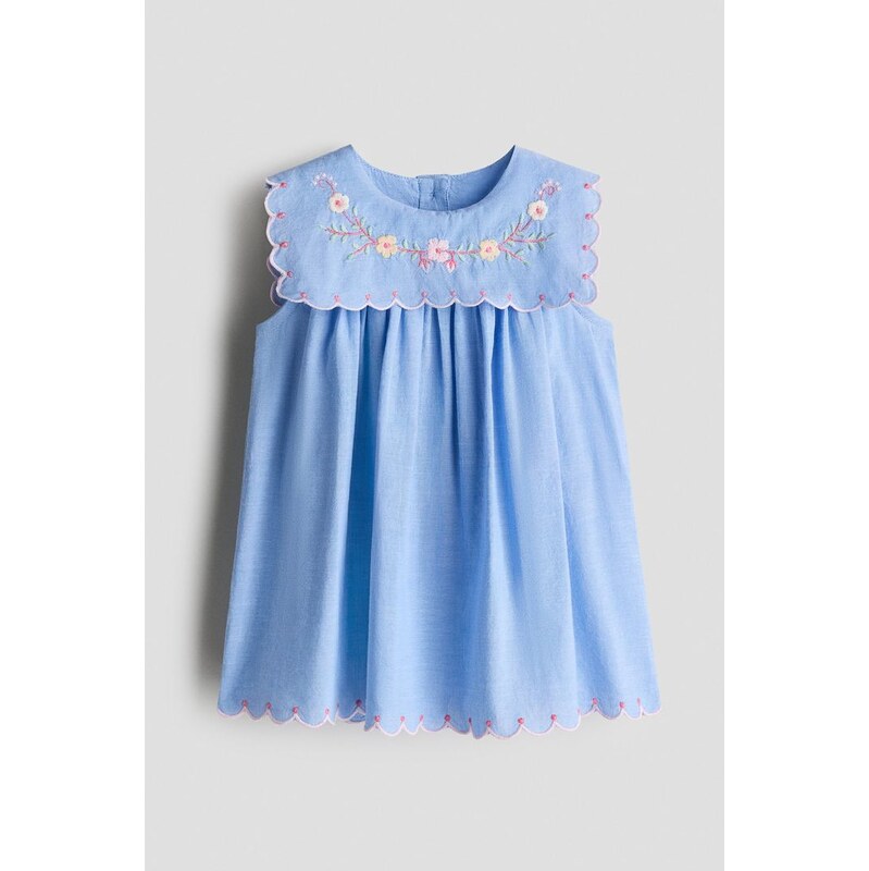 H&M - Bavlněné šatys výšivkou - Denim Blue/Květiny