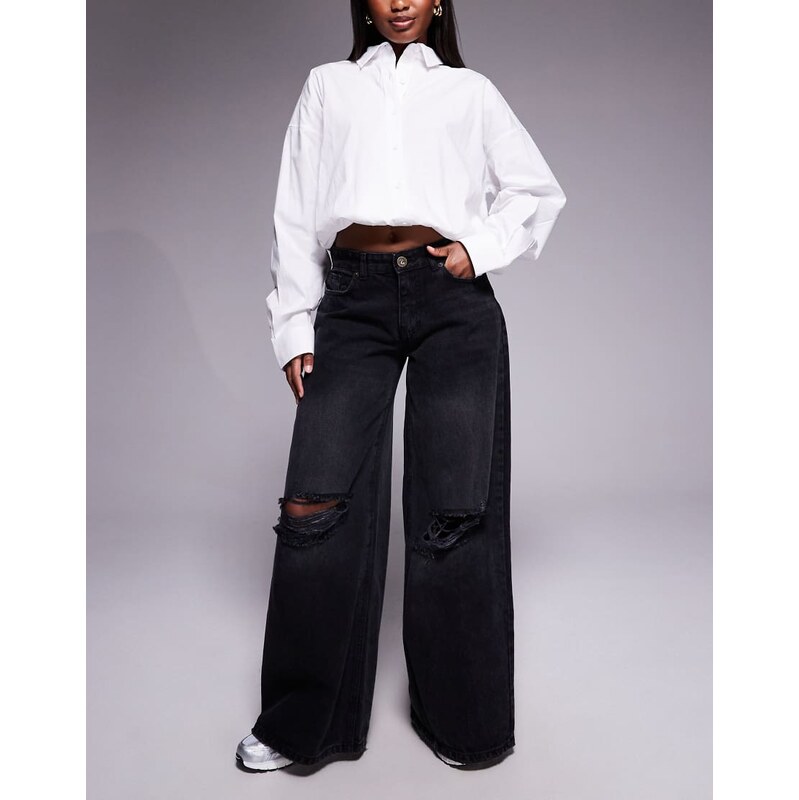 Courtside oversized denim jeans in washed black with knee rips 115515688