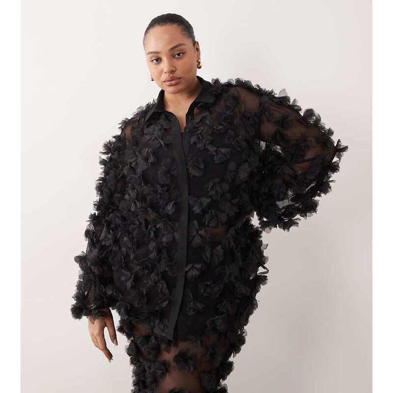 ASOS LUXE Curve co-ord mesh shirt in black with 3D flower petals 114856117