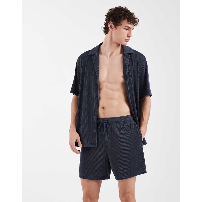ASOS DESIGN co-ord plisse swim shorts in mid length in blue