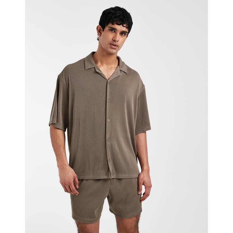 ASOS DESIGN co-ord oversized revere plisse shirt in brown