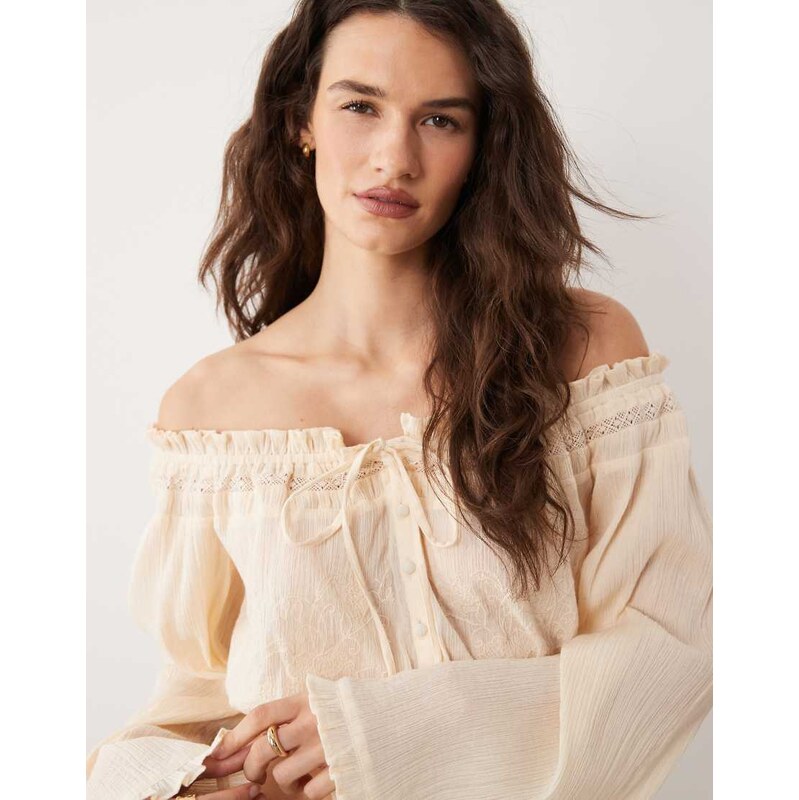 Miss Selfridge bardot boho blouse in cream-White 114856221