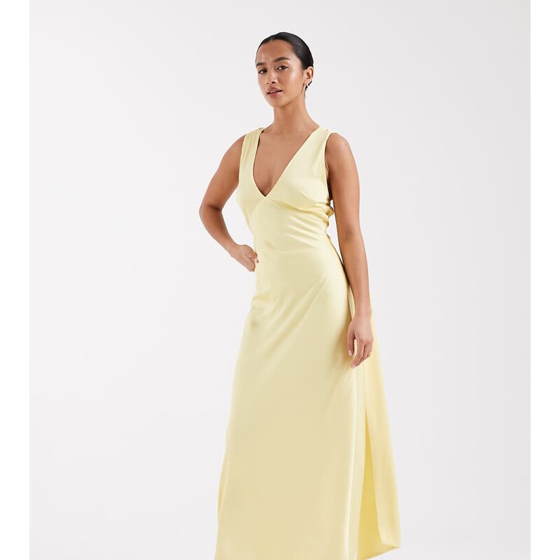 TFNC Petite Bridesmaids v-neck satin lace up back maxi dress with 114856228