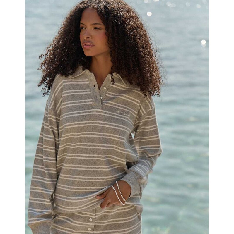 4th & Reckless collared ribbed rugby top co-ord in grey stripe