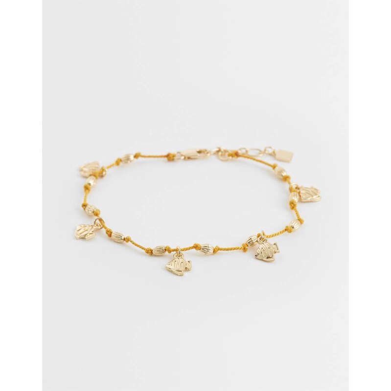 ASOS DESIGN orange cord anklet with fish charms in gold tone