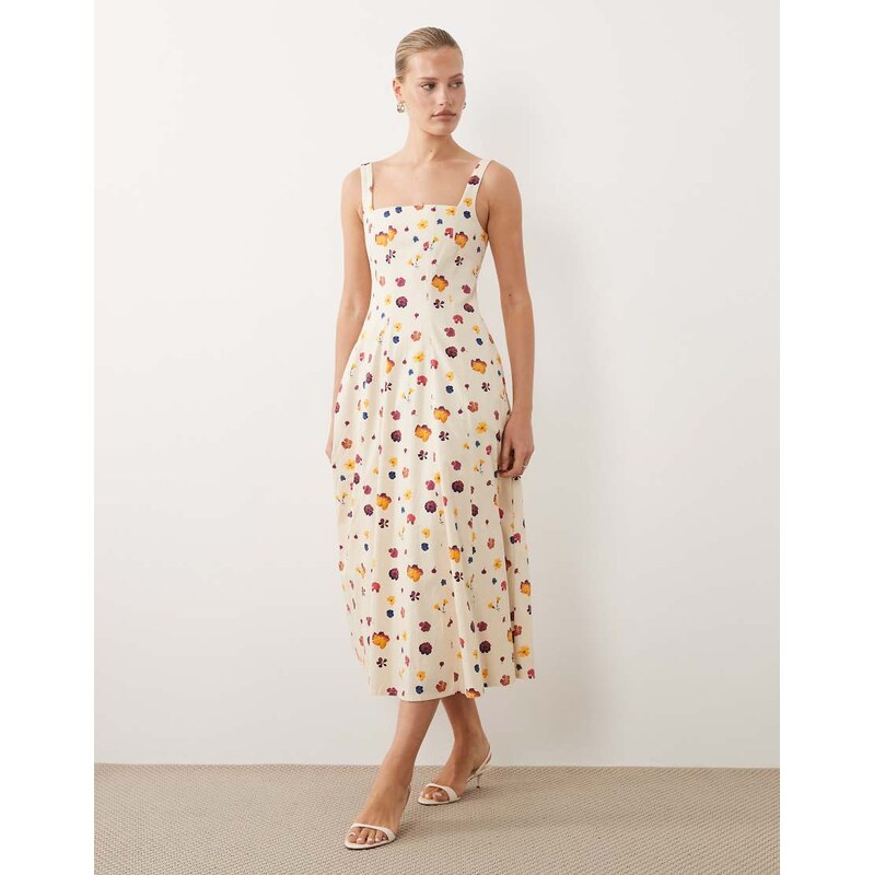 Abercrombie & Fitch sleeveless midi dress with godet hem in cream floral-White