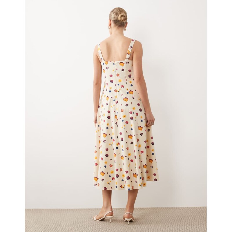 Abercrombie & Fitch sleeveless midi dress with godet hem in cream floral-White