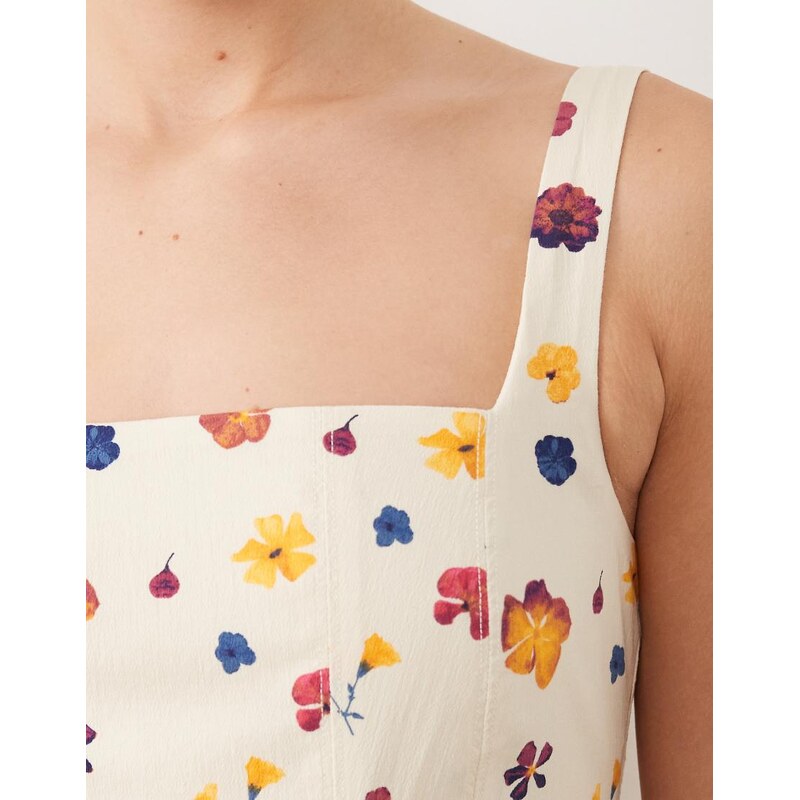 Abercrombie & Fitch sleeveless midi dress with godet hem in cream floral-White