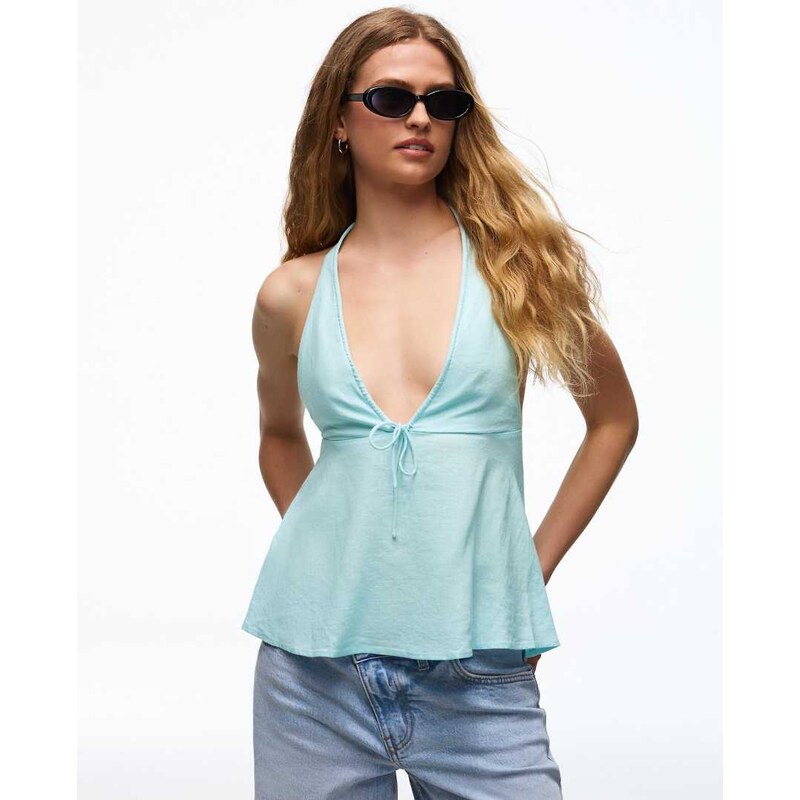 Bershka Halter top linen blend tie in blue - TURQUOISE