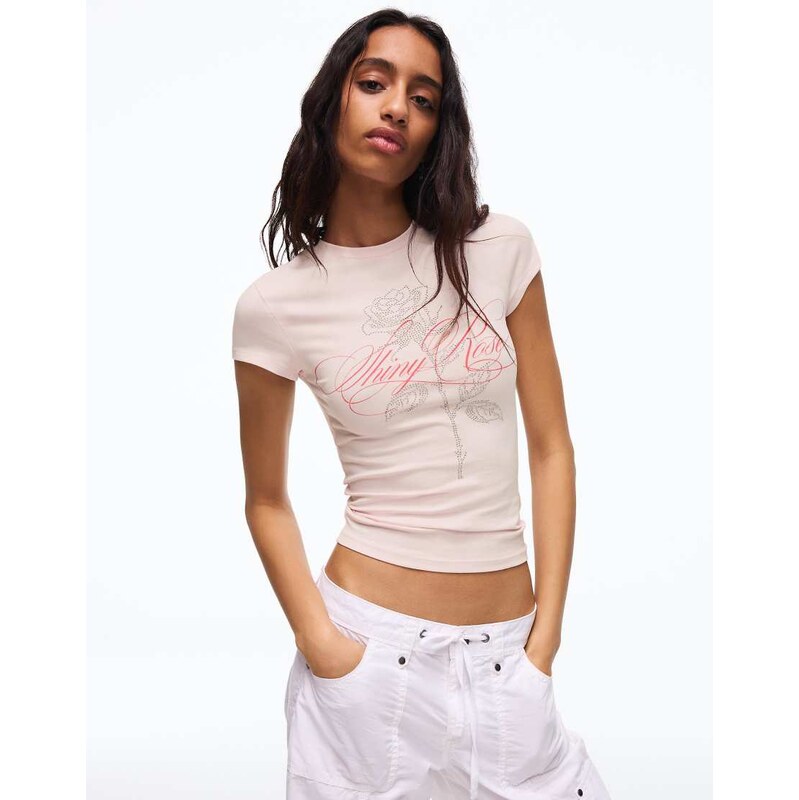 Bershka Short sleeve strass t-shirt in light pink