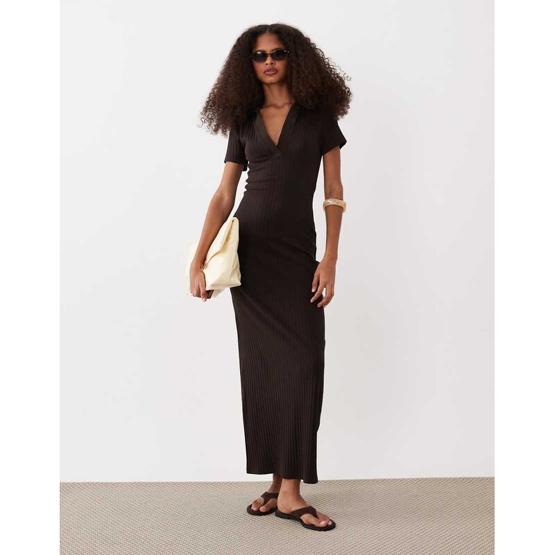 ASOS DESIGN ribbed short sleeve polo midi dress in chocolate