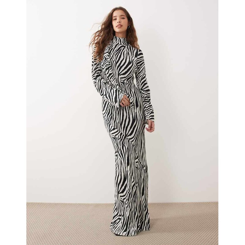 ASOS DESIGN high neck scarf detail maxi dress in zebra print-Multi