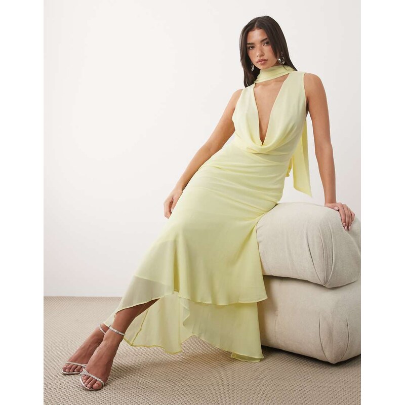 TFNC Bridesmaids cowl neck chiffon midi dress with neck tie in