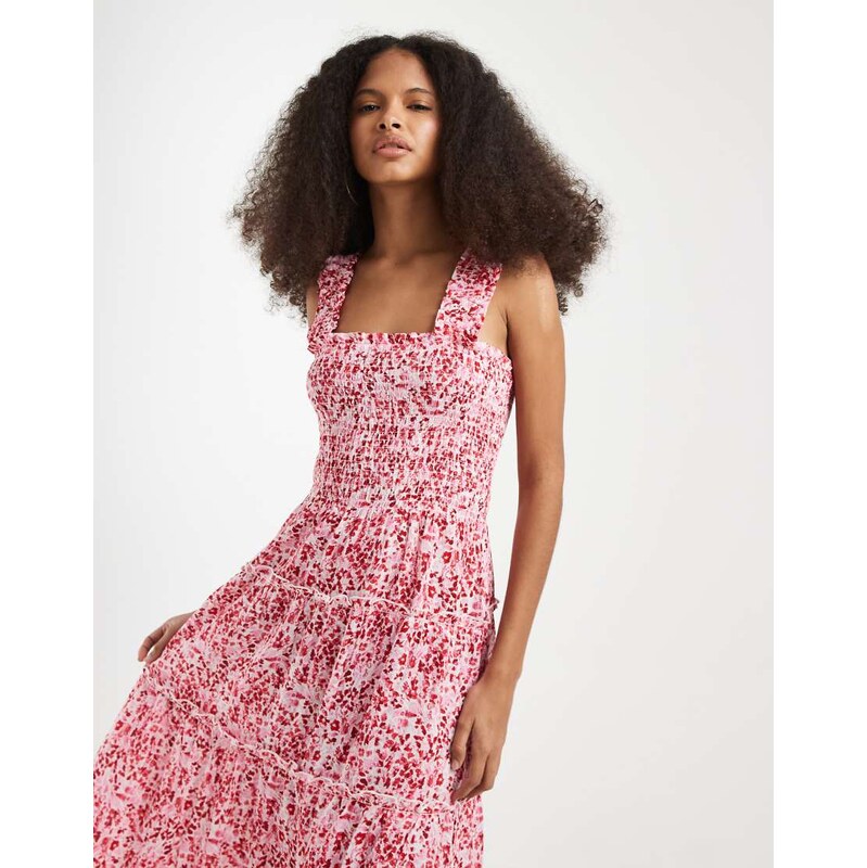 Vero Moda sleeveless shirred bodice tiered midi dress in pink