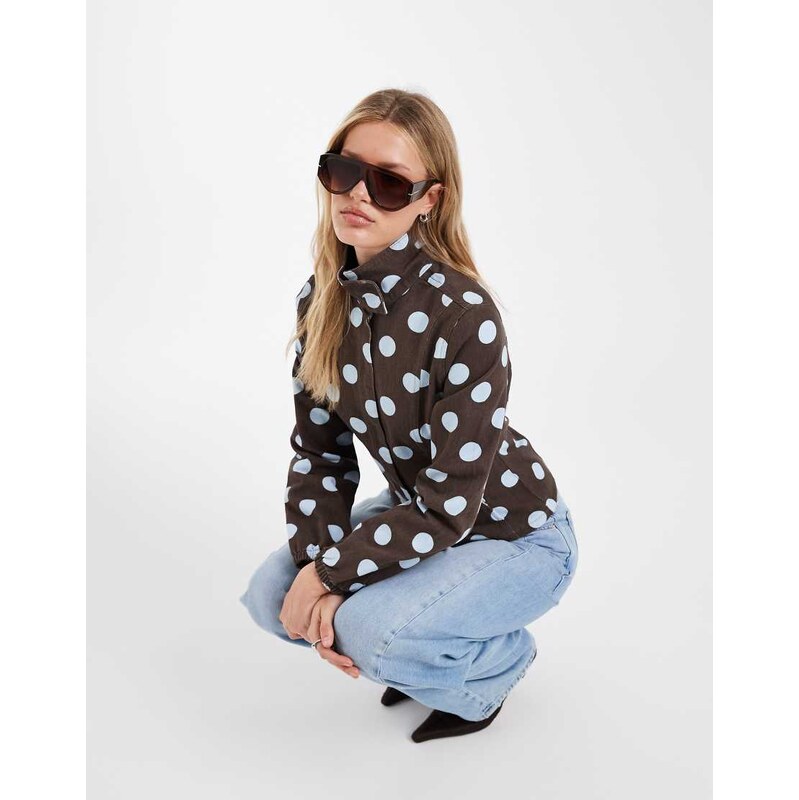 ASOS DESIGN denim fitted funnel neck jacket in brown and blue