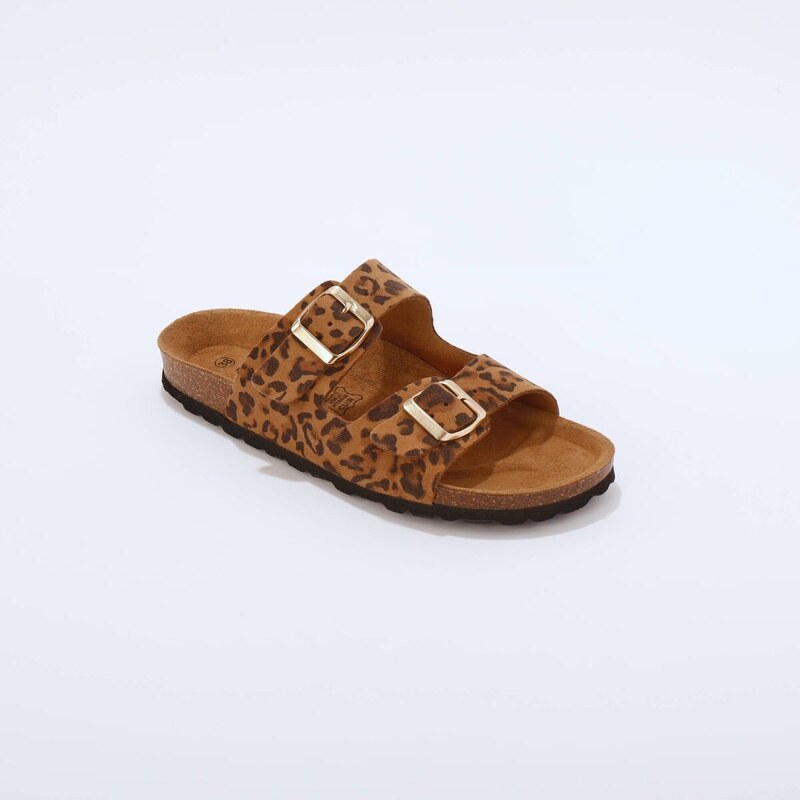 Blancheporte Kožené pantofle se 2 sponami a leopardím vzorem kaštanová 114857338