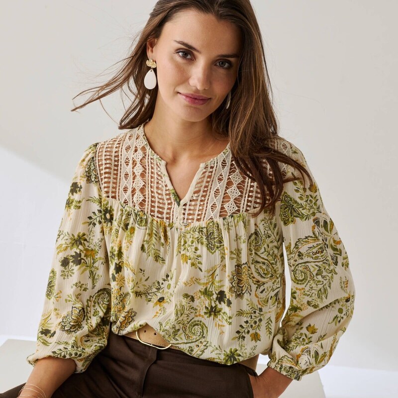 Blancheporte Kreponová halenka s macramé a 3/4 rukávy, s