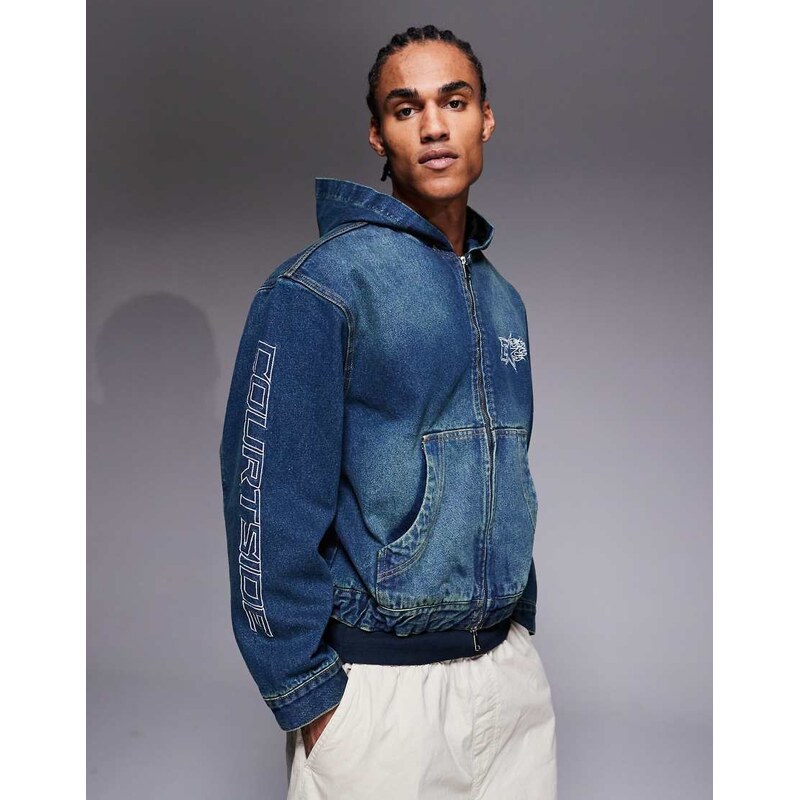 Courtside oversized hooded denim jacket in midwash vintage blue