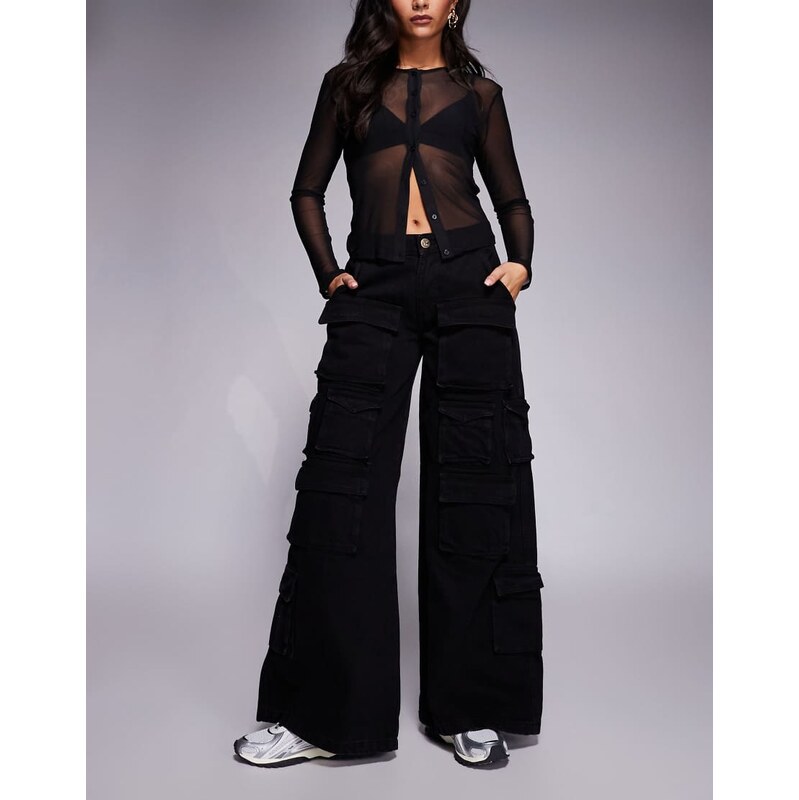 Courtside baggy denim jeans in black with cargo pockets 114870439