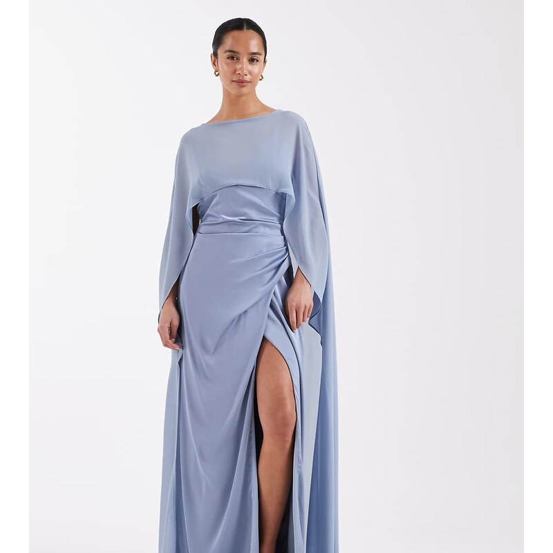 TFNC Petite Bridesmaids satin cape detail high split maxi dress in 114860432