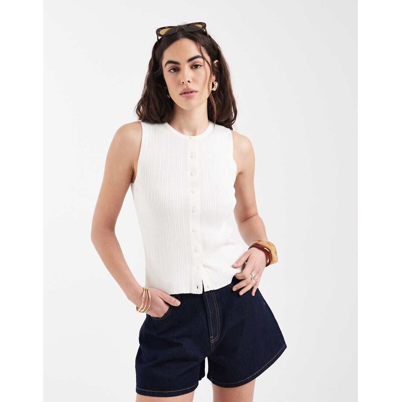 New Look ribbed knitted button down vest in cream-White