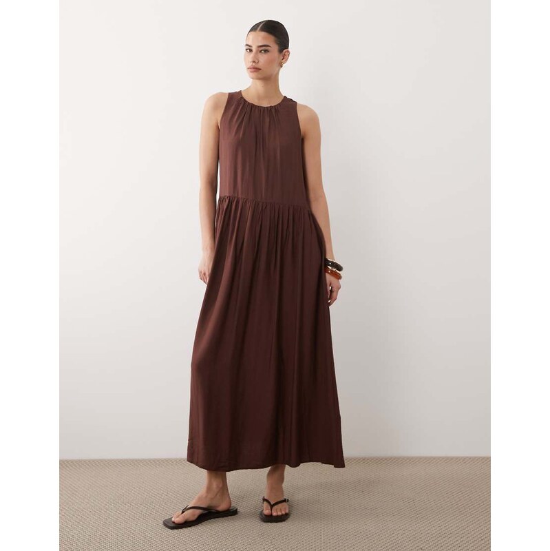 New Look drop waist sleeveless midi dress in dark brown