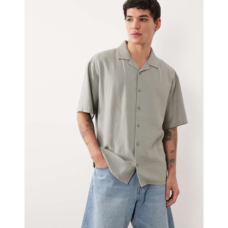 Threadbare relaxed fit linen mix short sleeve shirt in sage