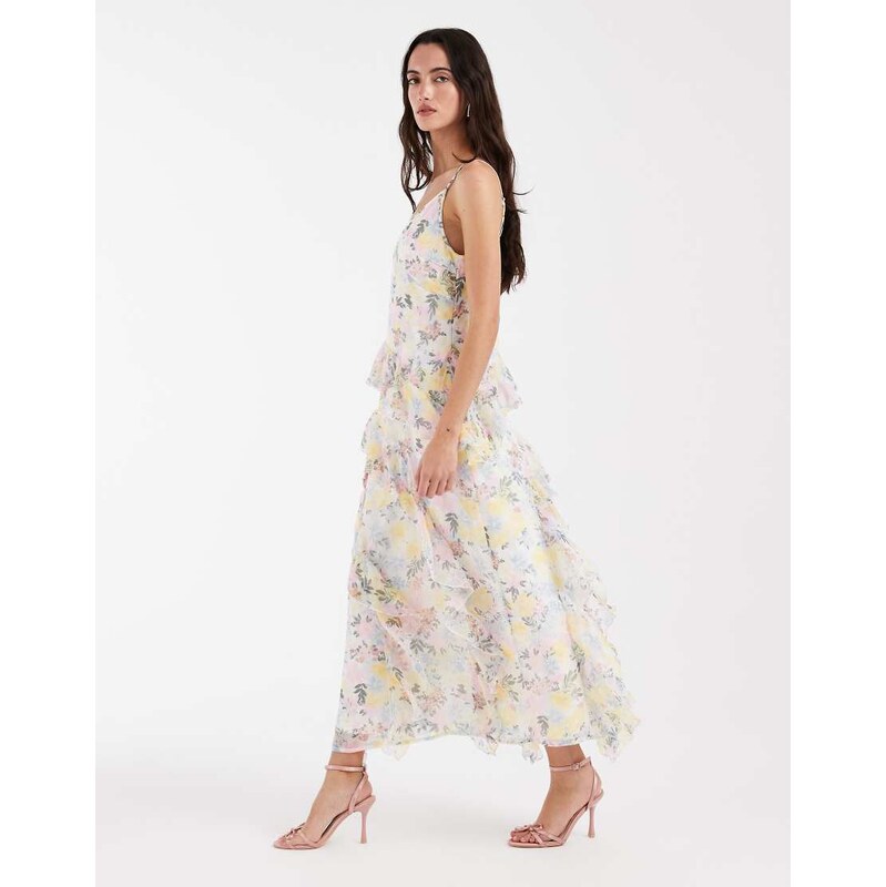 Vero Moda Smilla Chiffon cami ruffle detail midi dress in pretty pink and yellow floral print-White