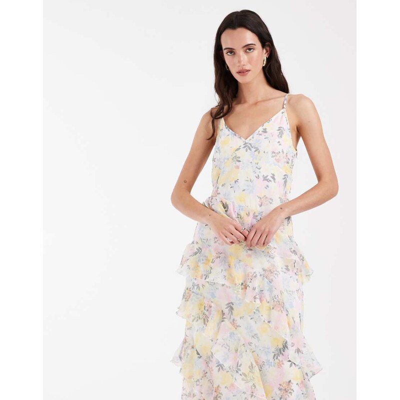 Vero Moda Smilla Chiffon cami ruffle detail midi dress in pretty pink and yellow floral print-White