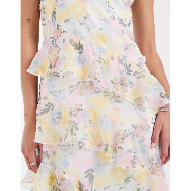 Vero Moda Smilla Chiffon cami ruffle detail midi dress in pretty pink and yellow floral print-White