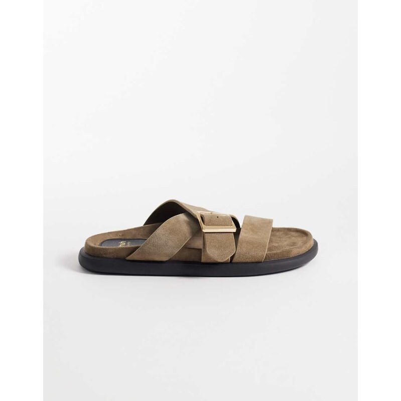 Schuh Tear cross over flat sandal with buckle detail in sage suede 114870588