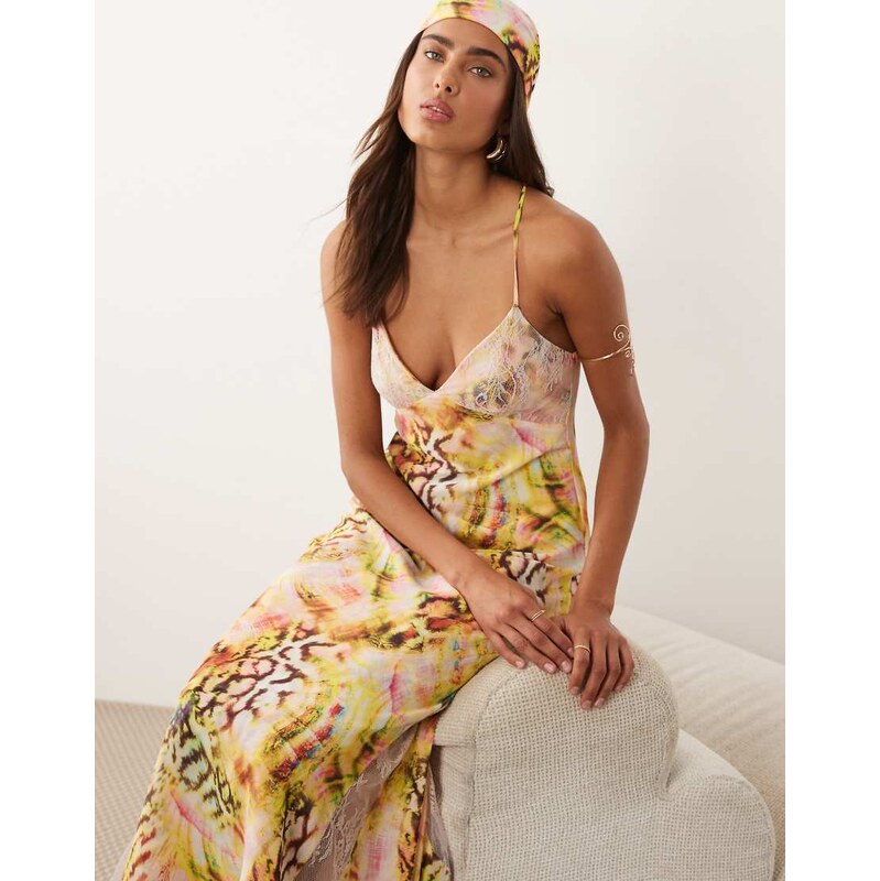 AFRM Christina cross back lace detail maxi dress in pink shell print 114866898