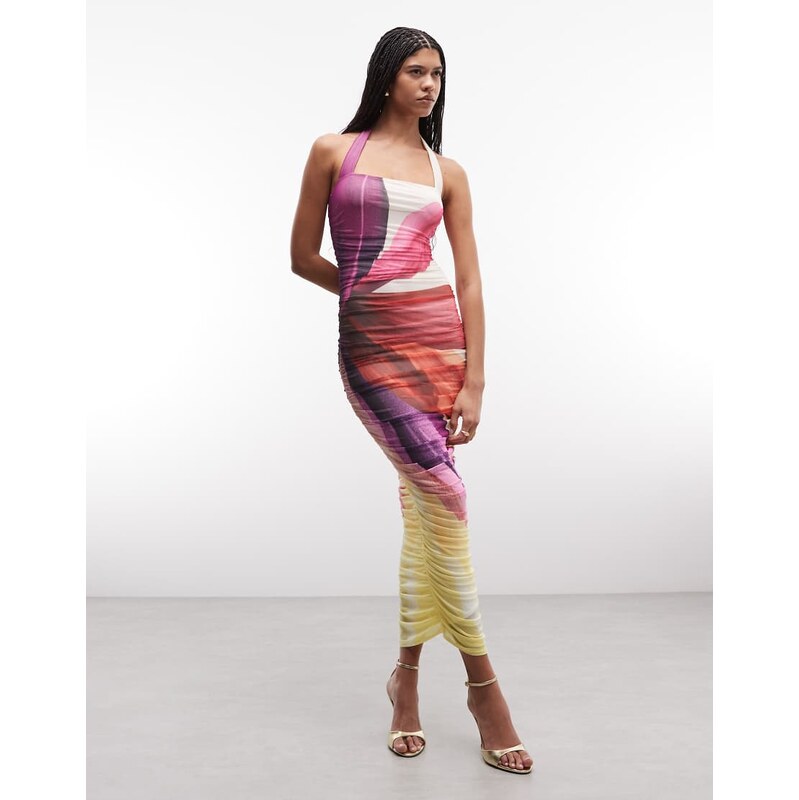 AFRM Indina printed mesh hatler neck midi dress in pink floral-Multi 114866899