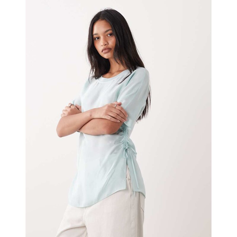 ARKET satin longline t-shirt with ruched waist in mint green