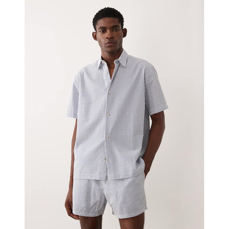 ASOS DESIGN co-ord relaxed seersucker stripe shirt in navy