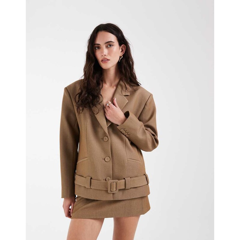 ASOS DESIGN tailored super oversized belted hem blazer in stone