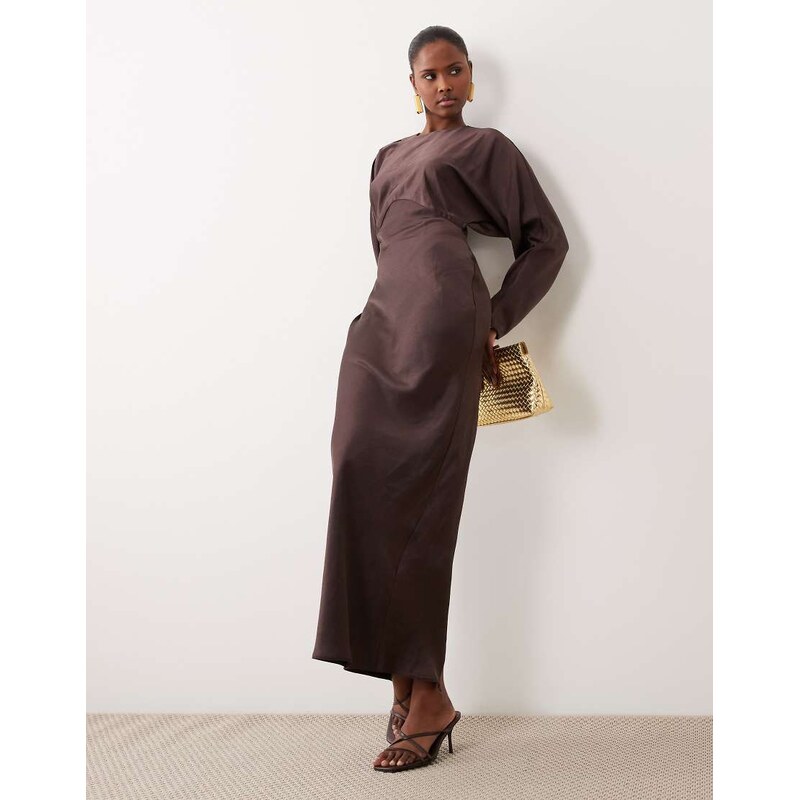 ASOS DESIGN satin batwing maxi dress in chocolate-Brown