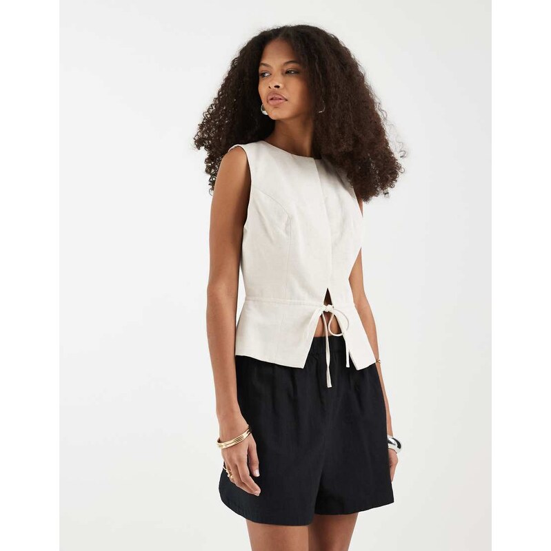 ASOS DESIGN tailored tie waistcoat with linen in natural-Neutral